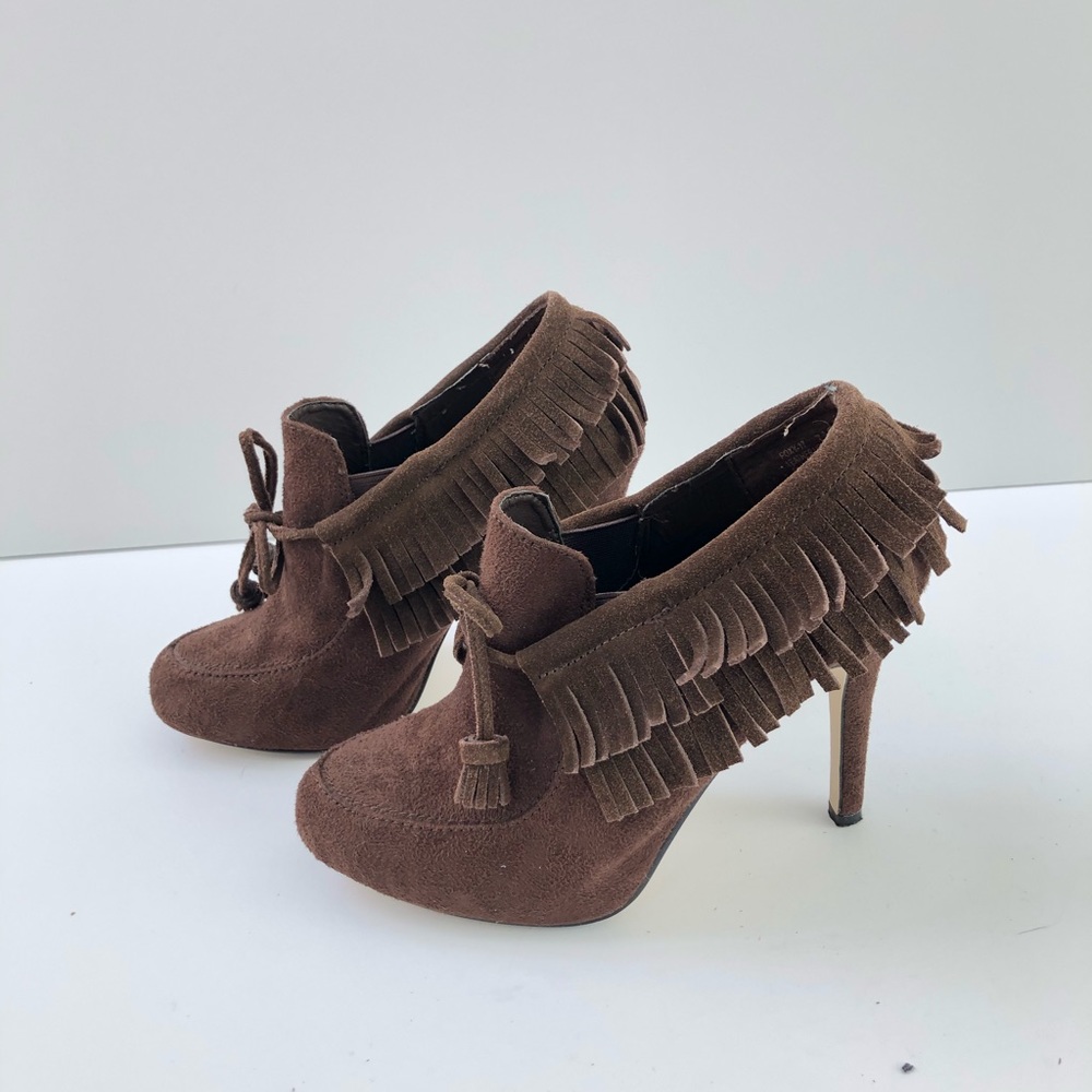 Brown suede tassel stiletto high heel booties
